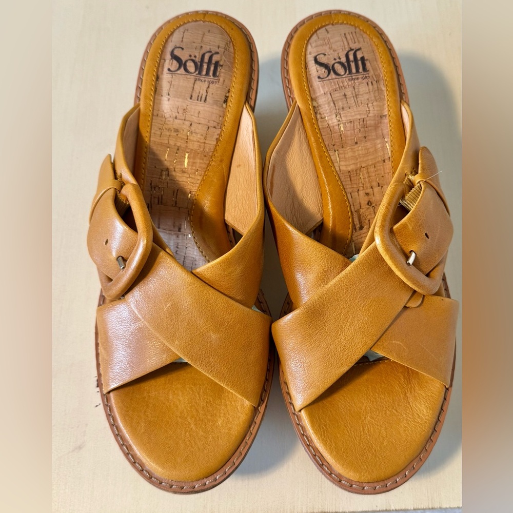 Sofft Mustard Yellow Cork Wedge Sandals